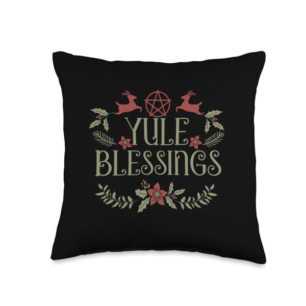 Yule Blessings, Merry Yule, Winter Solstice, Holly Pentagram Throw Pillow