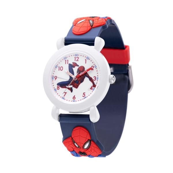 マーベル スパイダーマン キッズ プラスチック タイムティーチャー アナログ クォーツ 3Dストラップウォッチ ブルー, ブルー