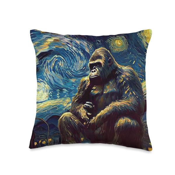 Starry Night Famous Painting Style Gorilla Throw Pillow