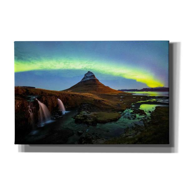 Epic Graffiti 'Northern Light Aurora Borealis Over Kirkjufell 1' by Epic Portfolio, Giclee Canvas Wall Art, 18"x12"