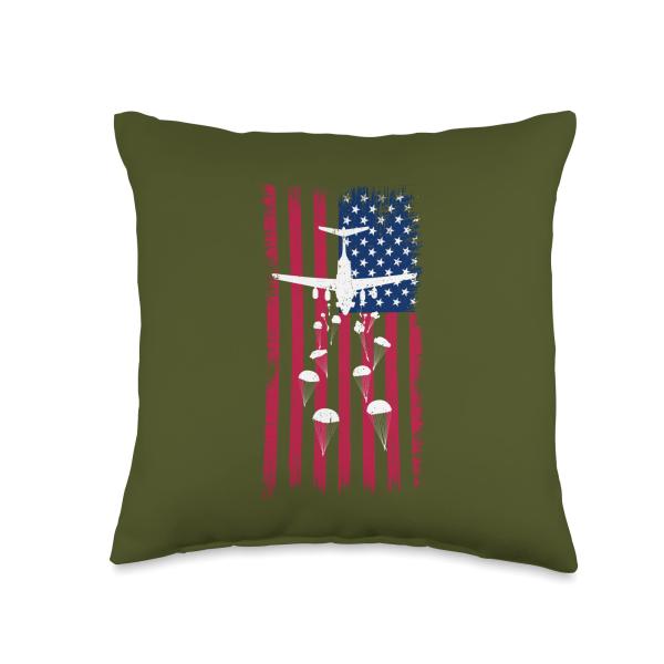 Military Plane And Paratroopers On Vintage American Flag Throw Pillow