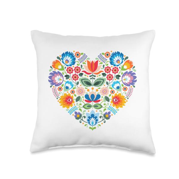 Folk Heart Cute Love Polish Slavic Floral Pattern Art Fest Throw Pillow