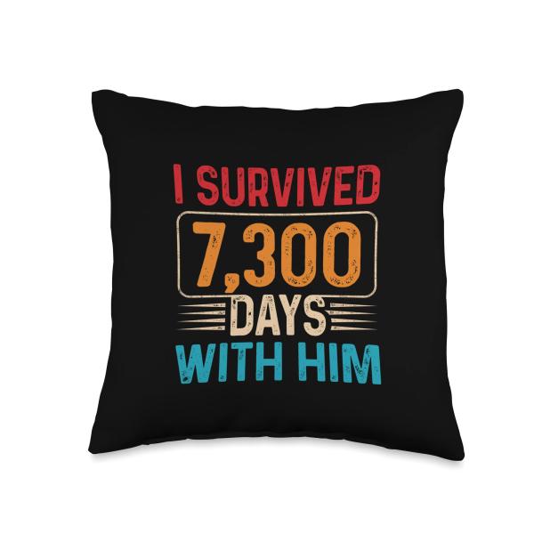 I Survived 20 Years With Him Funny 20th Wedding Anniversary Throw Pillow