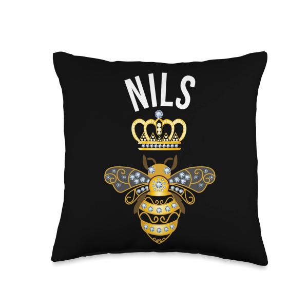 Nils Name Shirts ＆ Gifts Name Birthday Gifts Queen Crown Bee Nils Throw Pillow, 16x16