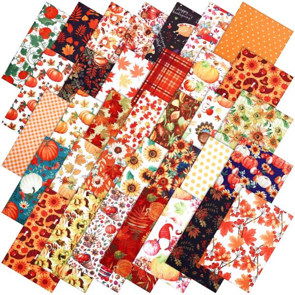 Tudomro 70 Pcs 10 x 10 Inch Fall Quilting Fabric Squares Pumpkin Maple Leaf Fabric Bundles Turkey Sunflower Printed Precut Patchwork Materials for Tha