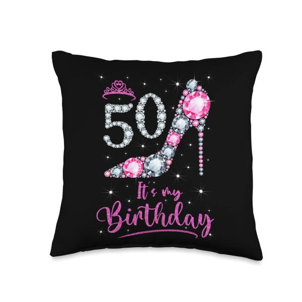 50 Years Old Birthday Women Pink Crown Shoe Girl 50 Pink High Heel 50th Birthday Girl Women Throw Pillow, 16x16