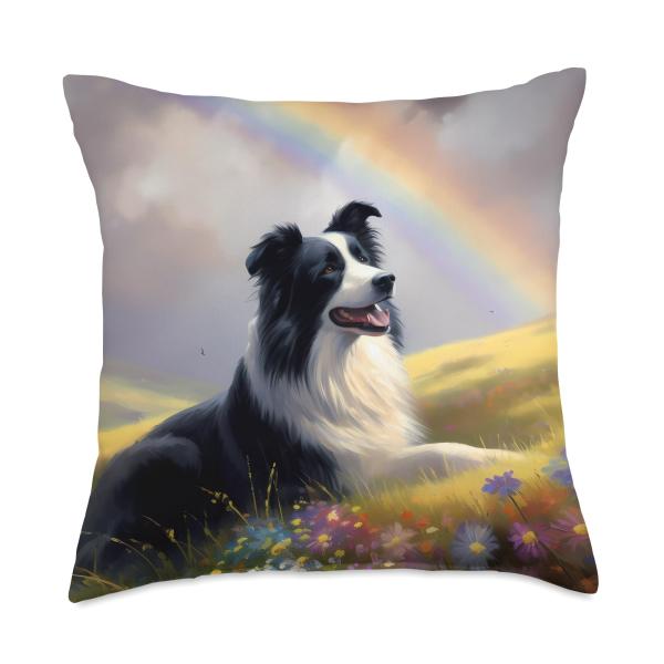 Border Collie Rainbow Bridge Colorful Dog Memorial Painting Throw Pillow