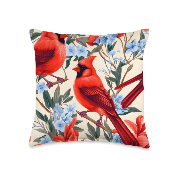 Fanciful Floral Cardinals Throw Pillow