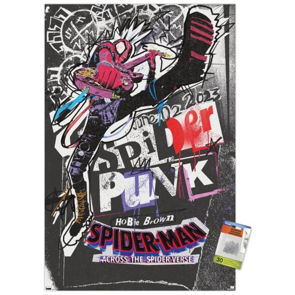 Trends International Marvel Spider-Man: Across The Spider-Verse - Spider-Punk One Sheet Wall Poster, 22.37" x 34.00", Premium Poster ＆ Push Pin Bundl