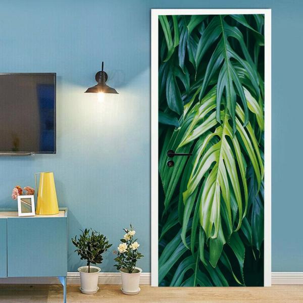 A.Monamour 3D Door Stickers for Interior Doors Tropical Green Leaves on Dark Background Vinyl Waterproof Self Adhesive Door Mural Decals for Bedroom O