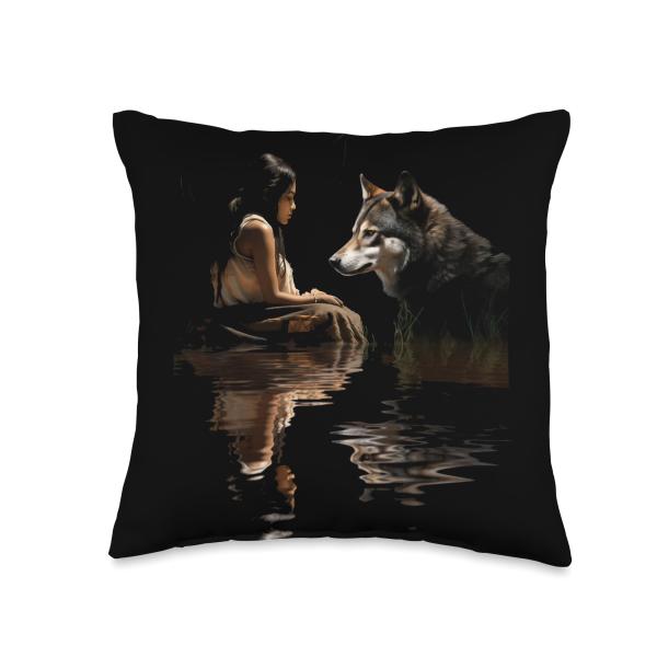 Native American Indian Wolf Lover Native American Woman Girl and Wolf in The Lake Indian Throw Pillow, 16x16