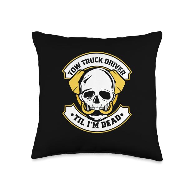 Tow Truck Driver Gifts ＆ Accessories Thin Yellow Line Skull Recovery Vehicle-Tow Truck Driver Throw Pillow, 16x16