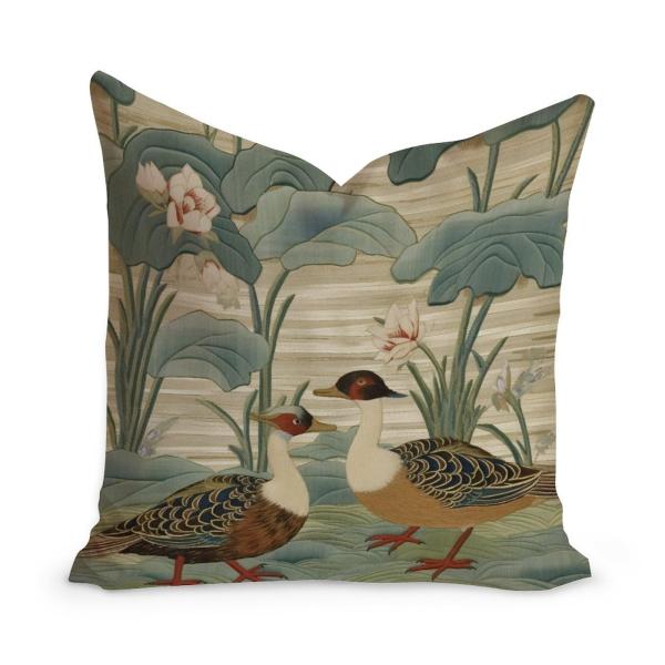 MangGou Green Water Lily Chinoiserie Flower Farmhouse Throw Pillows Aqua Lotus and Duck Garden White Linen Throw Pillow Cushion Japanese Asian Style P