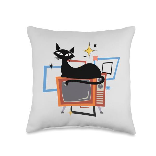 Retro Atomic Age Mid-Century Cat Vintage TV Modern Throw Pillow