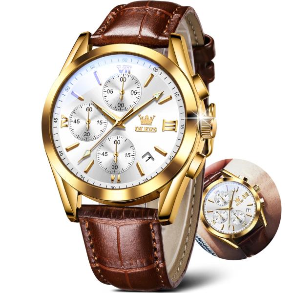 OLEVS Brown Leather Watches for Men Gold White Men's Leather Watch Chronograph Men Luxury Watches with Date Dress Mens Big Face Watch Waterproof Casua