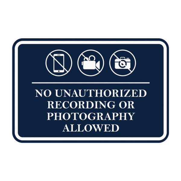 Signs ByLITA Classic Frame 無許可の録音や写真撮影禁止のドアや壁のサイン丈夫な素材 | 簡単取り付け (ネイビーブルー/ホワイト) - ミディアム