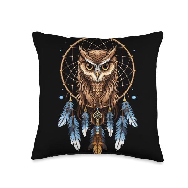 Dream Catcher Owl Indian Feather Tribal Arts Throw Pillow