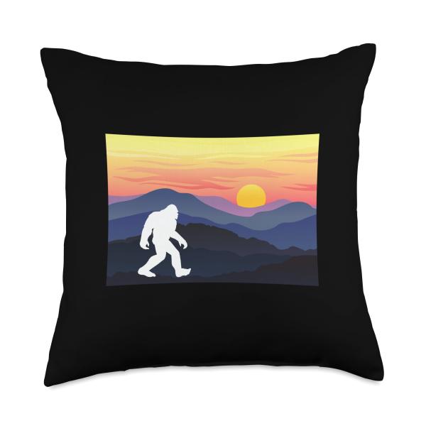 Bigfoot in the Forest sunset Sasquatch Yeti Throw Pillow, 18x18