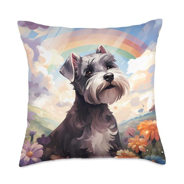 Miniature Schnauzer Rainbow Bridge Colorful Puppy Dog Art Throw Pillow