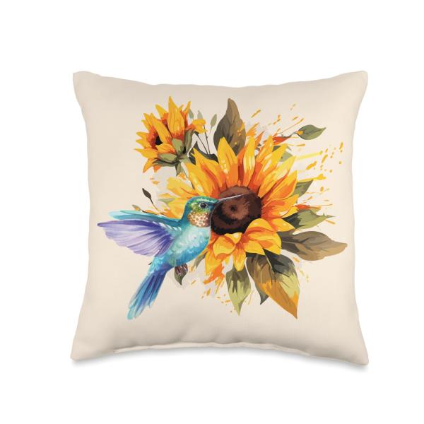 Watercolor Sunflower Hummingbird Purple Blue Colorful Watercolor Sunflower Nature Purple Blue Hummingbird Throw Pillow, 16x16