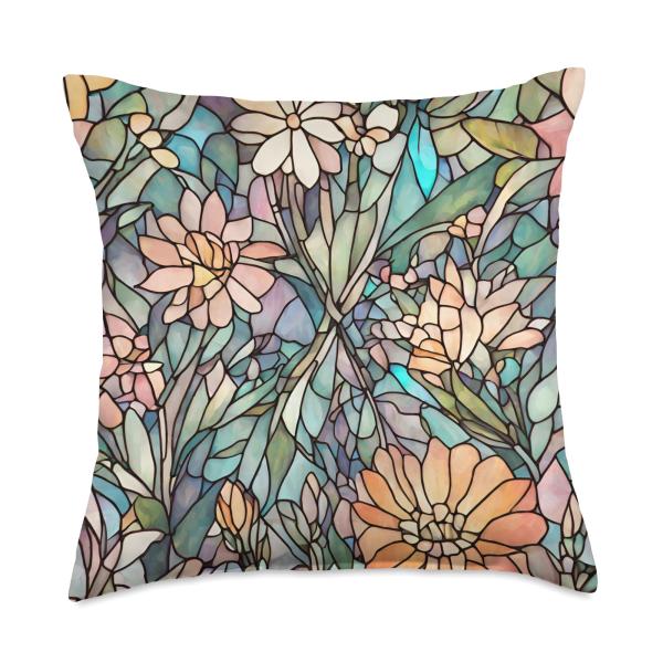 Moody Floral Stained Glass Inspired, Elegant Ethereal Nature Throw Pillow
