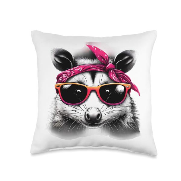 Fashionable Animals Wearing Pink Bandanas Store Possum Wearing A Pink Bandana Headband and Sunglasses Throw Pillow, 16x16