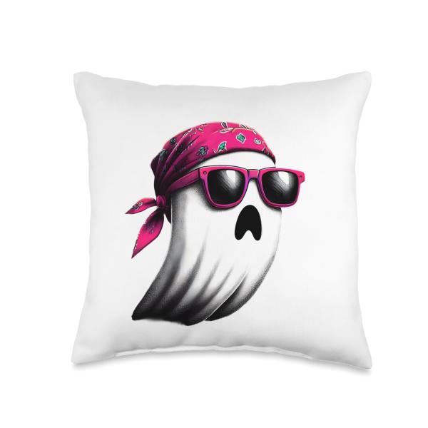 Fashionable Ghost Wearing Pink Bandanas Store Boo Ghost Wearing A Pink Bandana Headband and Sunglasses Throw Pillow, 16x16