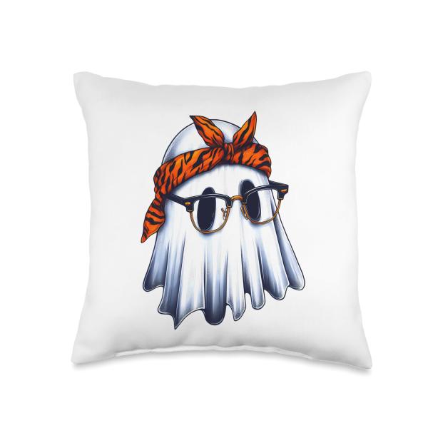 Fashionable Ghost Wearing Bandana Store Cute Ghost Wearing Tigerprint Bandana Headband and Glasses Throw Pillow, 16x16