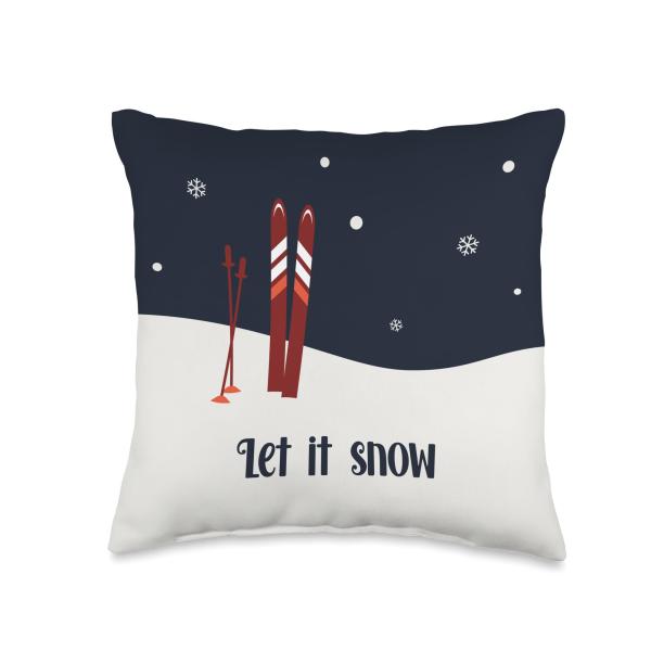 Let It Snow Christmas Carol Winter Skiing Skier Ski Retro Throw Pillow