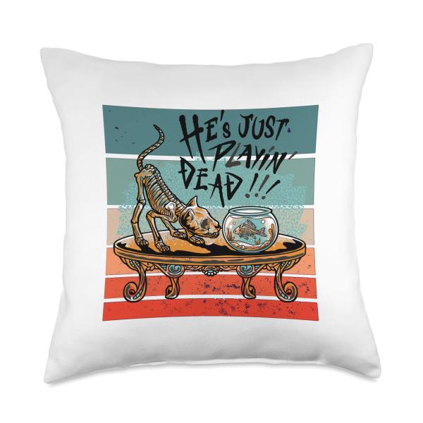 Halloween spooky skeleton cat dark humor macabre Halloween Throw Pillow