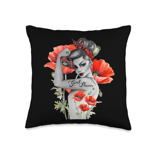 Girl Power Poppy Flower Rosie the Riveter Poppies Papaver Throw Pillow