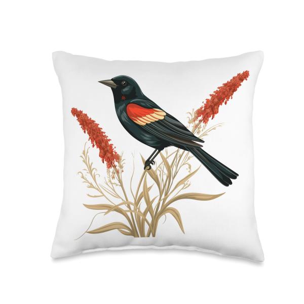 Floral Red-Winged Blackbird Red Winged Blackbird Throw Pillow