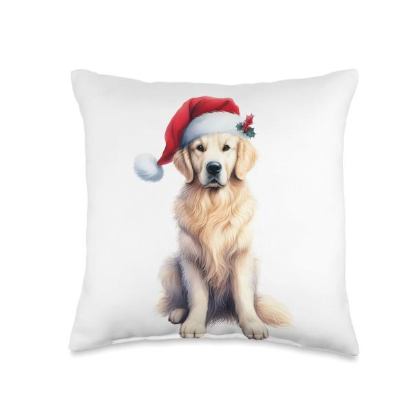 Watercolor Santa Golden Retriever Christmas Dog Lights Xmas Throw Pillow
