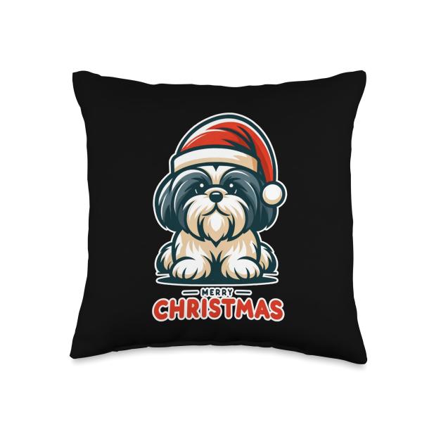 Shih Tzu Merry Christmas Santa Hat Cute Holiday Dog Throw Pillow