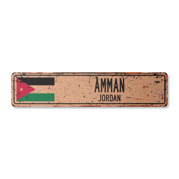 Amman Jordan Vintage Plastic Street Sign Jordanian Flag City Country Road Wall Gift | Indoor/Outdoor | 18" Wide