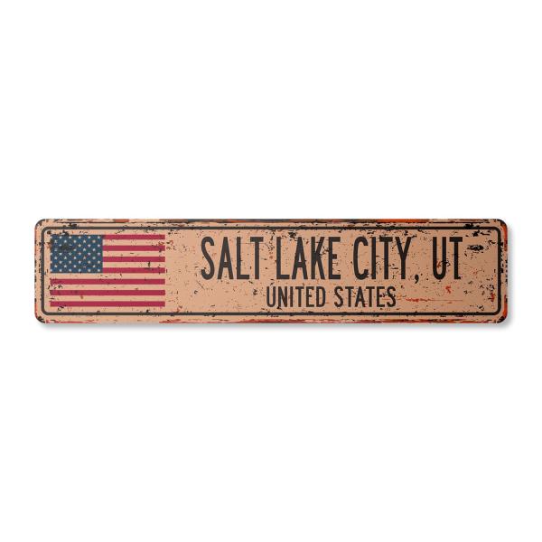 Salt Lake City UT United States Vintage Plastic Street Sign American Flag City Country Gift | Indoor/Outdoor | 24" Wide