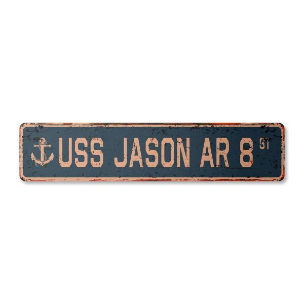 USS JASON AR 8 Vintage Aluminum Street Sign us navy ship veteran sailor rustic metal tin gift | Indoor/Outdoor | 18" Wide