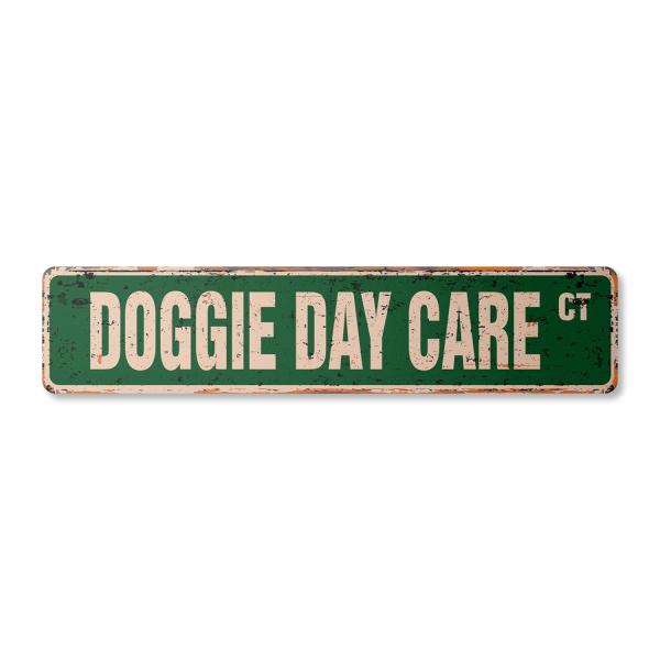 DOGGIE DAY CARE Vintage Aluminum Street Sign pet dog sitter animal care rustic metal tin | Indoor/Outdoor | 18" Wide