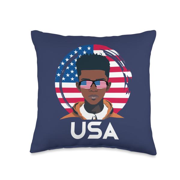 American Flag Gifts Amarican Black Boys Teens Men, Black, USA Flag, American Boys Teens Men Throw Pillow, 16x16