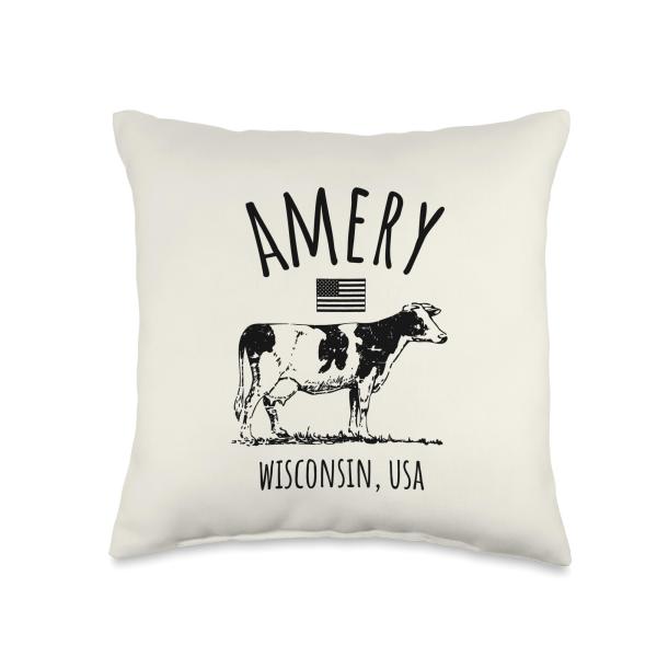 Awesome Amery Wisconsin Souvenir Designs Amery Wisconsin USA Retro Cow Vintage Style Design Throw Pillow, 16x16