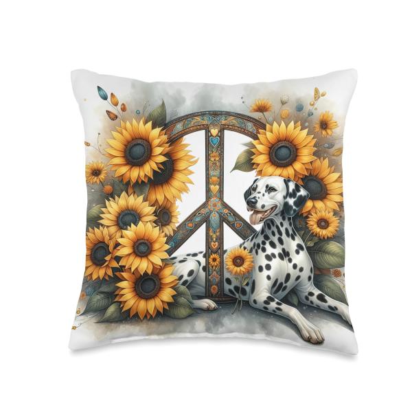Peace Symbol Dalmatian Aesthetic Designs Aesthetic Peace Sunflower Dalmatian Vibrant Watercolor Throw Pillow, 16x16