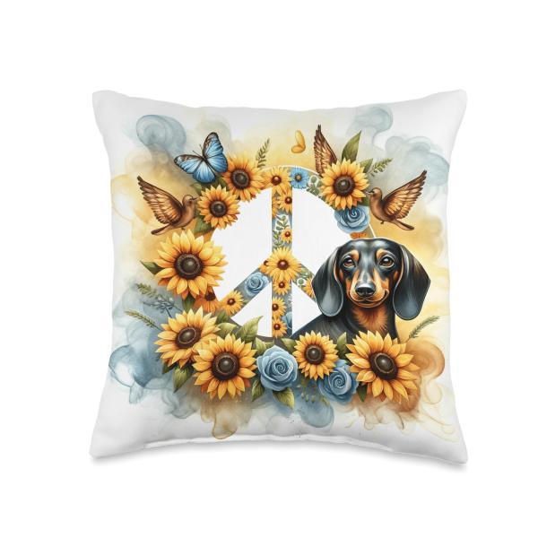 Peace Symbol Dachshund Aesthetic Designs Aesthetic Peace Sunflower Dachshund Vibrant Watercolor Throw Pillow, 16x16