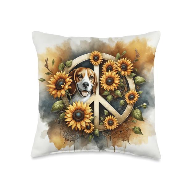 Peace Symbol Beagle Aesthetic Designs Aesthetic Peace Sunflower Beagle Vibrant Watercolor Designs Throw Pillow, 16x16