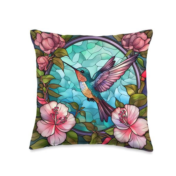 Cute Stained Glass Hummingbird Decor Floral Hibiscus Flower Throw Pillow
