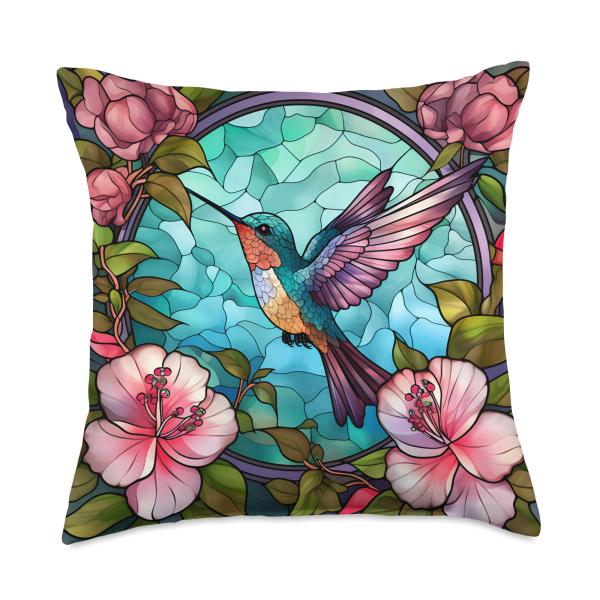 Cute Stained Glass Hummingbird Decor Floral Hibiscus Flower Throw Pillow