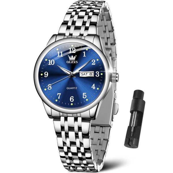 OLEVS Small Women Watch Silver Watches for Women Blue Dial Stainless Steel Easy Read Wrist Watches Day Date Classic Dress Analog Quartz Waterproof Lad