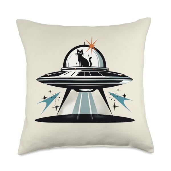 Midcentury Mid Century Cat Retro Atomic Age Space Capsule Throw Pillow