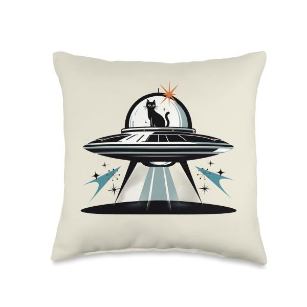 Midcentury Mid Century Cat Retro Atomic Age Space Capsule Throw Pillow