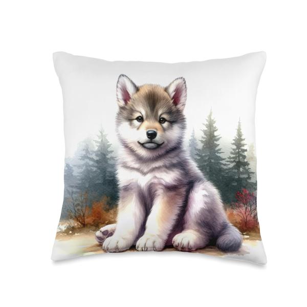 Wolf Wildlife Decor Cub Puppy in The Forest Wildlife Wolf Lovers Design Throw Pillow, 16x16