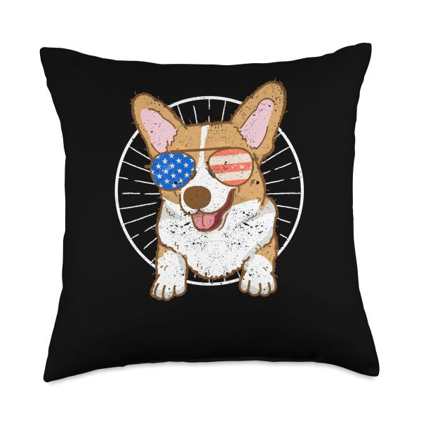 Patriotic Gifts US American Flag 4th Of July Shirt Corgi 4th of July American Flag Sunglasses Puppy USA Dog Throw Pillow, 18x18